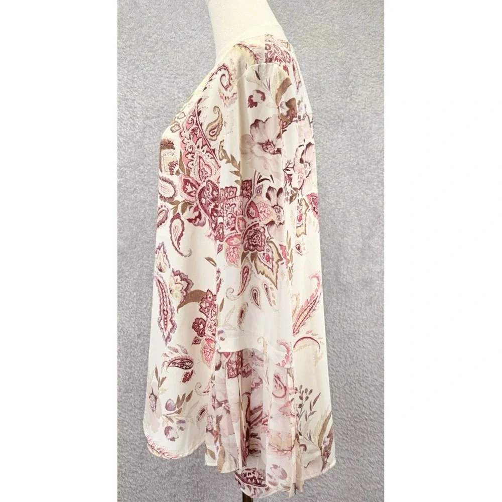 Chicos Womens 2 L Floral Paisley Tunic Top Beige Pink V Neck Bell Sleeve Boho
